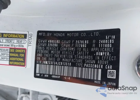 2018 Honda Clarity Plug-In Hybrid Touring z USA, uszkodzony, nr VIN JHMZC5F34JC013510